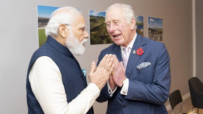 Prince Charles and Mr Modi share a moment. Picture: Jane Barlow – Pool/Getty Images