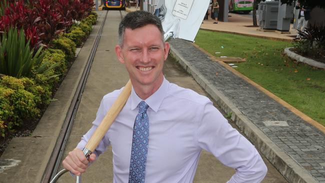 Light rail stage 3 breaking ground at the Mermaid Beach station. Transport Minister Mark Bailey has accused Cr Hermann Vorster of being a “media tart”. Pic Mike Batterham.