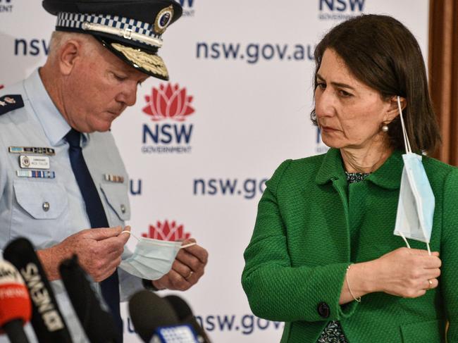 NSW Police Commissioner Mick Fuller pictured with Premier Gladys Berejiklian speaks at today’s press conference. Picture: NCA NewsWire / Flavio Brancaleone