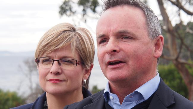 Labor MPs Alison Standen and David O'Byrne speak at the opening of Rob Pennicott's new cruise base and restaurant at Adventure Bay.