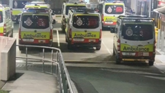 Nine ambulances were forced to wait outside a major south-east Queensland hospital to offload patients, exposing the scale of the state's health crisis Picture: Supplied
