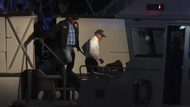 New York Mayor Eric Adams, right, disembarks a masted Mexican Navy training ship after boarding it with a New York Police Harbor Unit. Picture: AP