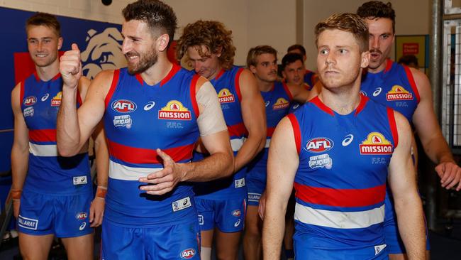 MELBOURNE, AUSTRALIA - APRIL 15: Marcus Bontempelli of the Bulldogs celebrates during the 2022 AFL Round 05 match between the North Melbourne Kangaroos and the Western Bulldogs at Marvel Stadium on April 15, 2022 In Melbourne, Australia. (Photo by Michael Willson/AFL Photos via Getty Images)