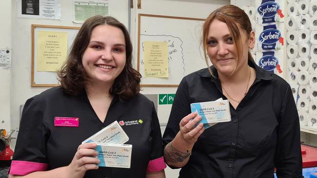 Priceline Yamba pharmacy assistants Jorga Ryan and Caitlin Wilson have been run off their feet with RAT customers.