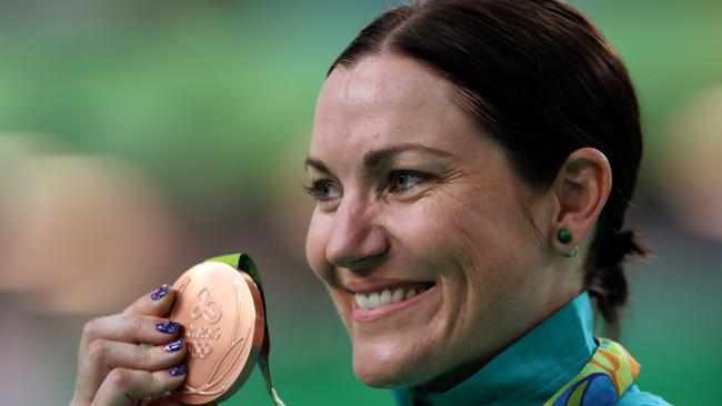 Anna Meares celebrates after winning bronze in keirin. Picture: Adam Head