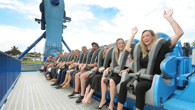 Sea World staff, including Brodie Bailey (far right), prepare to ride the Vortex, the latest attraction at the Coast’s theme park. Picture: Glenn Hampson