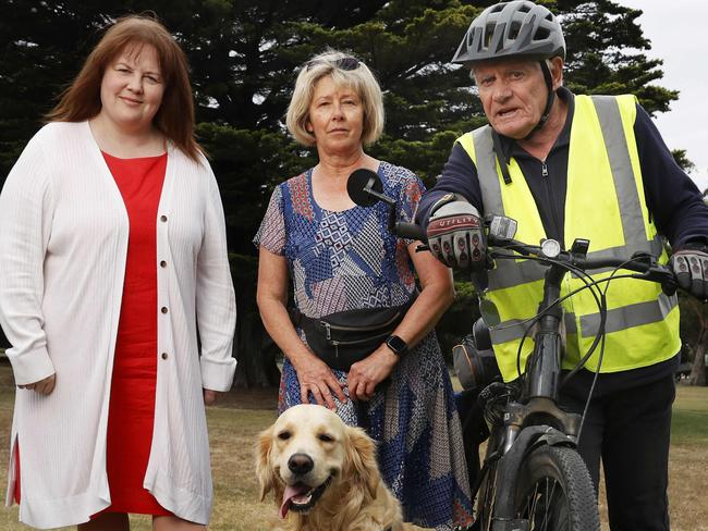 Allison Ritchie Deputy Mayor Clarence City Council with local residents Christine Bayley and dog Pania and Brian Chapman.  Clarence City Council proposal to allow development of social housing at Charles Hand Memorial Park Rosny.  Picture: Nikki Davis-Jones