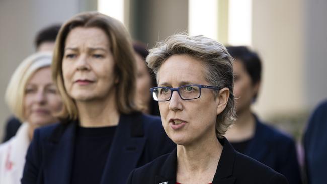 ACTU Secretary Sally McManus and President Michele O'Neil spoke to the media alongside workers delegation ahead of Jobs Summit at Parliament House. Picture: NCA NewsWire / Gary Ramage