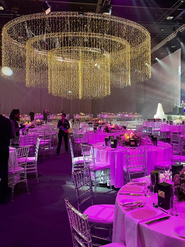 Local baker Terresia Welch created the 2m high, 100kg wedding cake for the lavish event, believed to be one of Adelaide’s biggest wedding receptions. Picture: Supplied