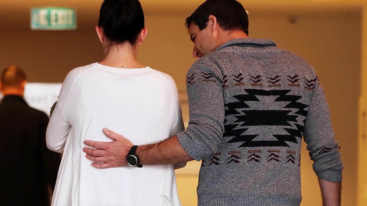 New Zealand Prime Minister Jacinda Ardern and partner Clarke Gayford return to their room with their new baby girl Neve Te Aroha Ardern Gayford. Picture: Fiona Goodall/Getty Images