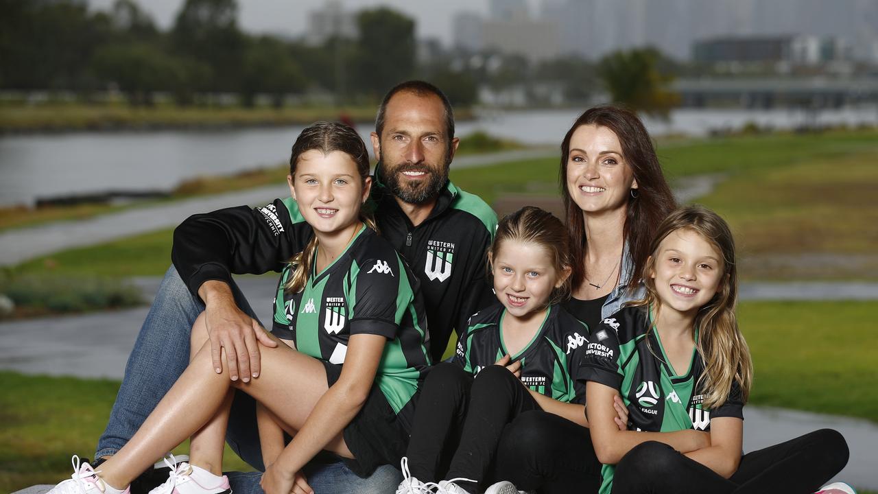 Retiring Western United defender Andrew Durante wit his wife Sarah, and daughters Adalyn (L), Milana (R) and Evita. Picture: NCA NewsWire / Daniel Pockett