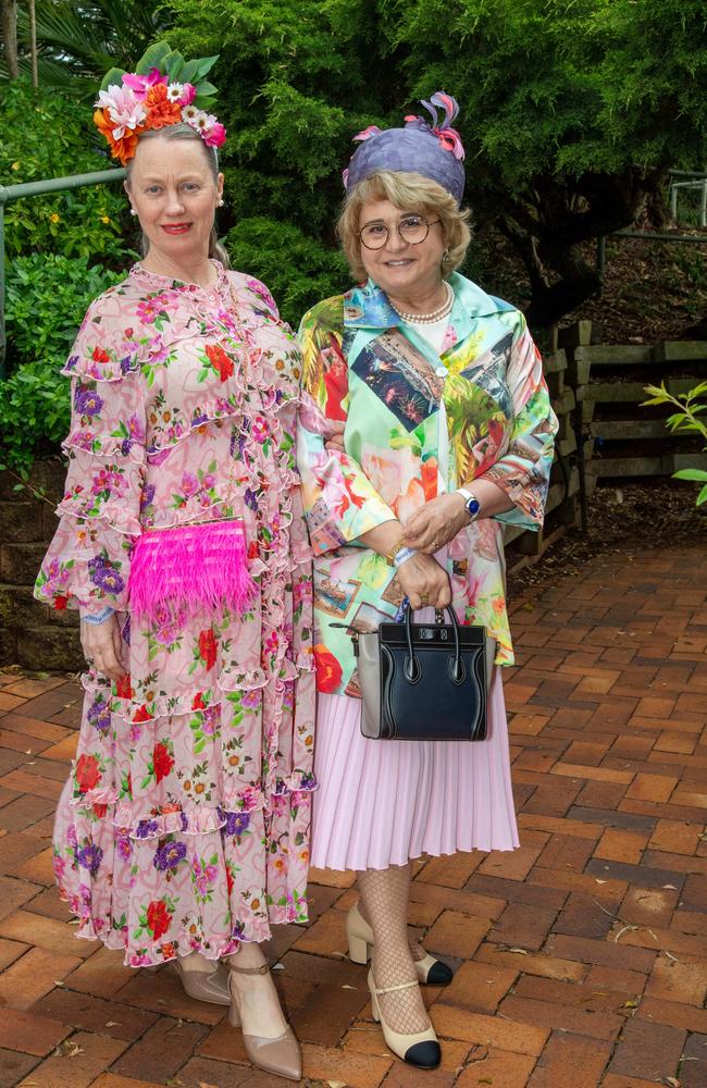 (From left) Vivienne Jardine and Yazni Ariff. Weetwood Raceday at Toowoomba Turf Club. Saturday, September 28, 2024. Picture: Nev Madsen.