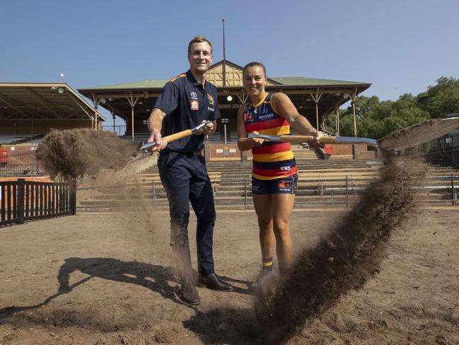 Crows players Jordan Dawson and Ebony Marinoff marking the official commencement of construction on the ClubÃ¢â¬â¢s new $100m headquarters. 6th February 2025 Picture: Brett Hartwig