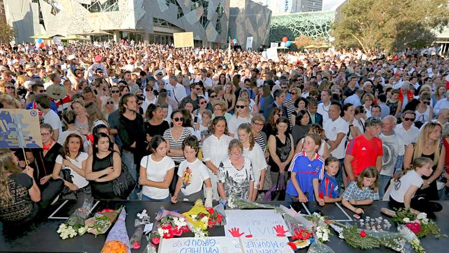 Melburnians show their support for Paris at the Federation Square vigil. Picture: Tim Carrafa