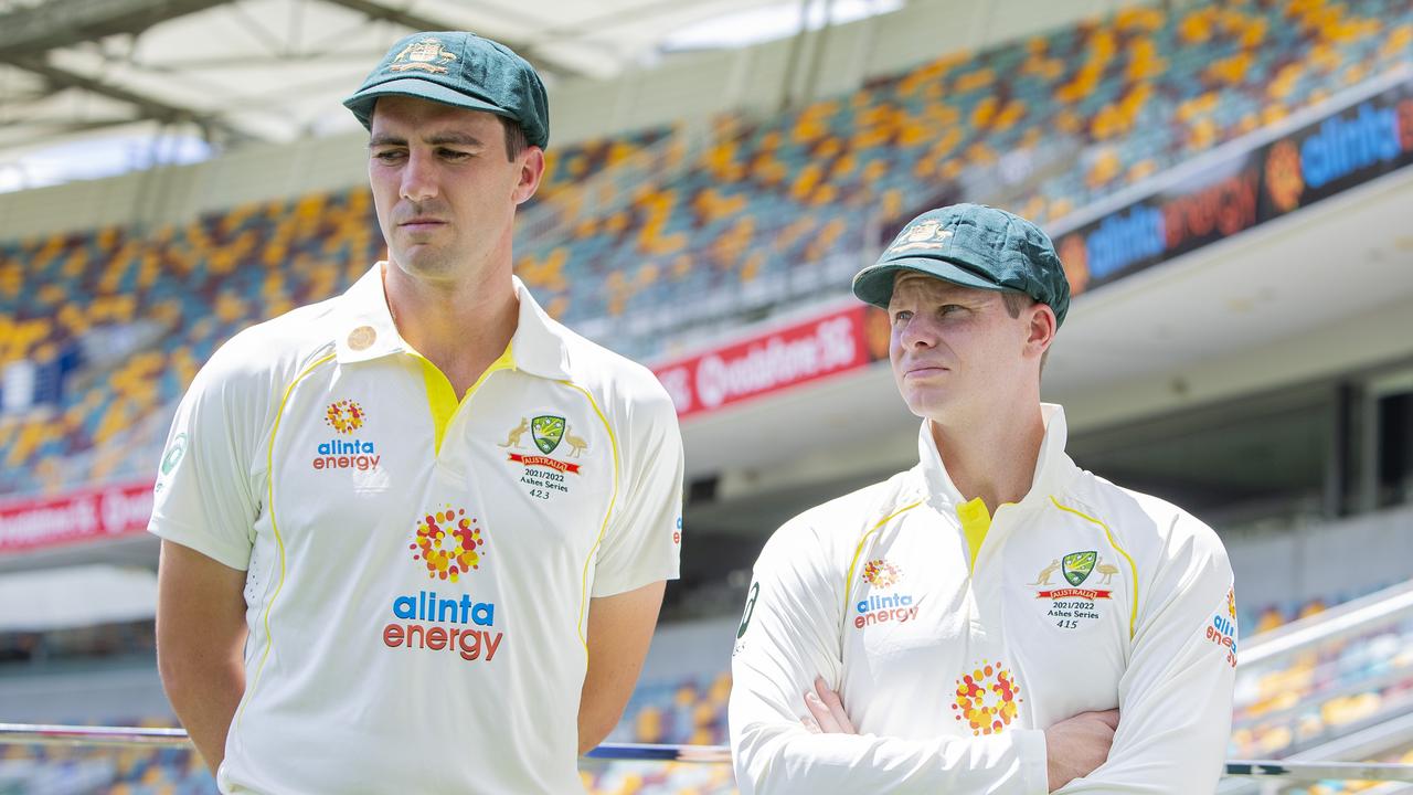 Skipper Pat Cummins and Steve Smith, at The Gabba. Picture: Jerad Williams