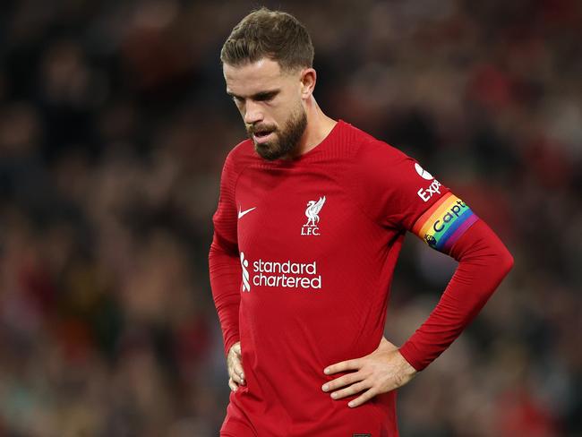 LIVERPOOL, ENGLAND - OCTOBER 29: Jordan Henderson of Liverpool reacts during the Premier League match between Liverpool FC and Leeds United at Anfield on October 29, 2022 in Liverpool, England. (Photo by Nathan Stirk/Getty Images)