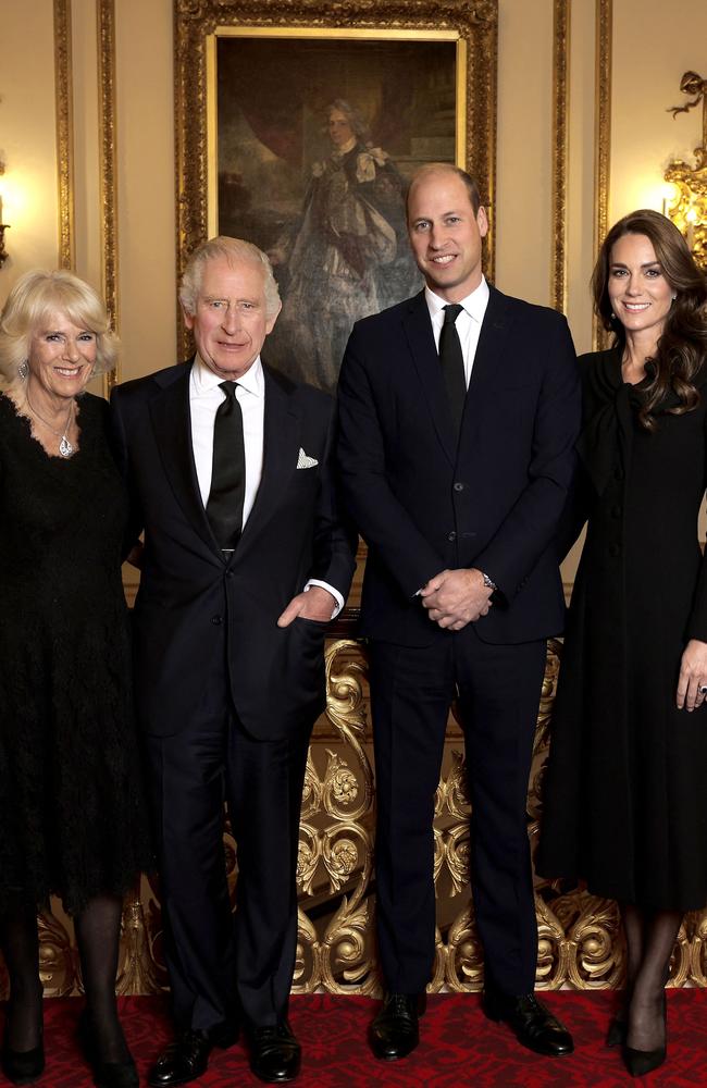 Camilla, Queen Consort, King Charles III, Prince William, Prince of Wales and Catherine, Princess of Wales inside Buckingham Palace on September 18, 2022. Picture: Chris Jackson/Buckingham Palace/AFP