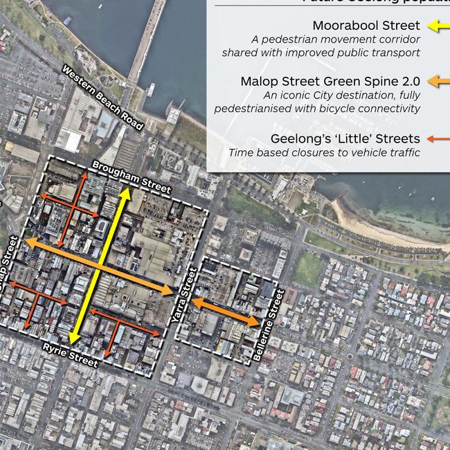 Map which outlines Ratio's proposal to shut Geelong CBD streets to cars.