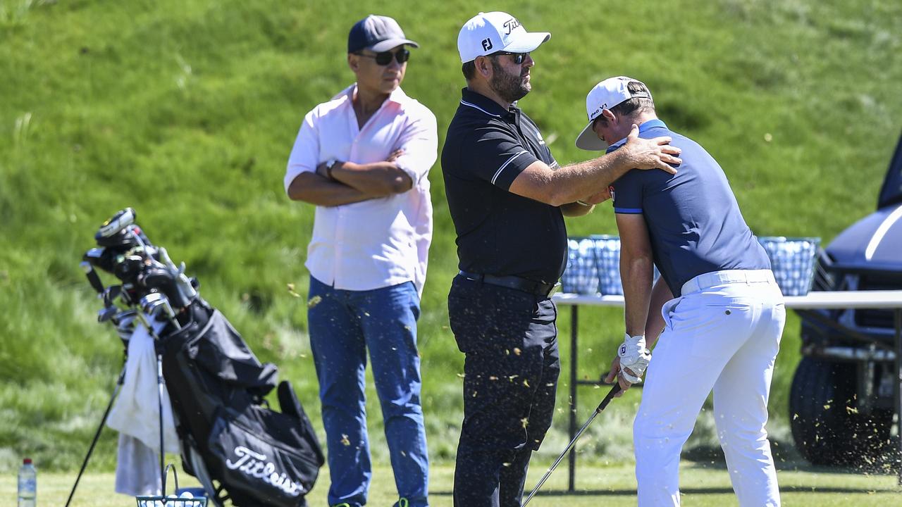 Australian golfer Cameron Smith (right) is seen with his coach Grant Field during the practice day for the 2018 Emirates Australian Open at The Lakes Golf Club in Sydney on November 12, 2018. Picture: AAP Image/Brendan Esposito