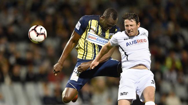 Usain Bolt scored his two goals against expansion hopefuls Macarthur South West United. Picture: AFP