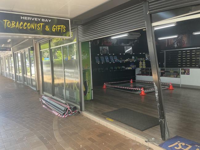 Hervey Bay Tobacconist and Gifts was involved in a car ramming incident on Wednesday morning, where four suspects drove the car into the shop front doors before making off with an undisclosed amount of cash and cigarettes.