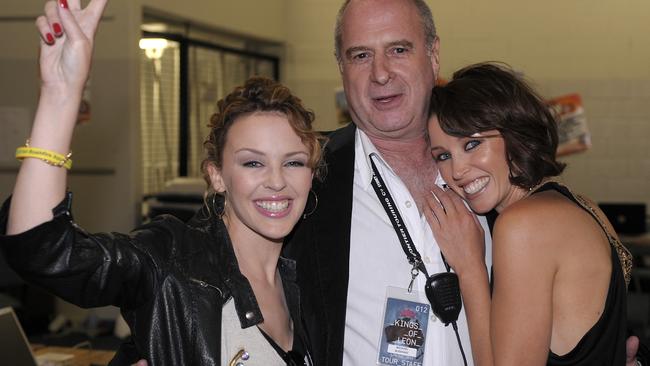 Michael Gudinski with Kylie and Dannii Minogue at Sound Relief. Picture: Frontier