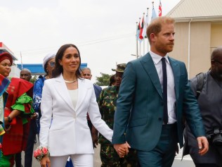 ABUJA, NIGERIA - MAY 10:  (EDITORIAL USE ONLY) Prince Harry, Duke of Sussex and Meghan, Duchess of Sussex meet with the Chief of Defence Staff of Nigeria at the Defence Headquarters in Abuja on May 10, 2024 in Abuja, Nigeria. (Photo by Andrew Esiebo/Getty Images for The Archewell Foundation)