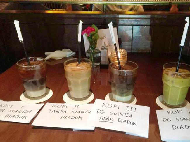 Cups of Vietnamese iced coffee used during a police reconstruction of the murder of Mirna Salihin at the Cafe Olivier in Jakarta. Salihin died after drinking an iced coffee laced with cyanide. Picture: Supplied