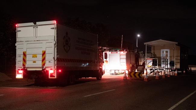 Emergency service vehicles arrive at the Darwin Correctional Facility after prisoners were reported on the roof after a mass breakout. Picture: Che Chorley