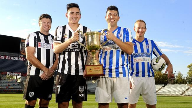 Former Adelaide City striker Carl Veart with captain Matt Halliday and West Adelaide skip