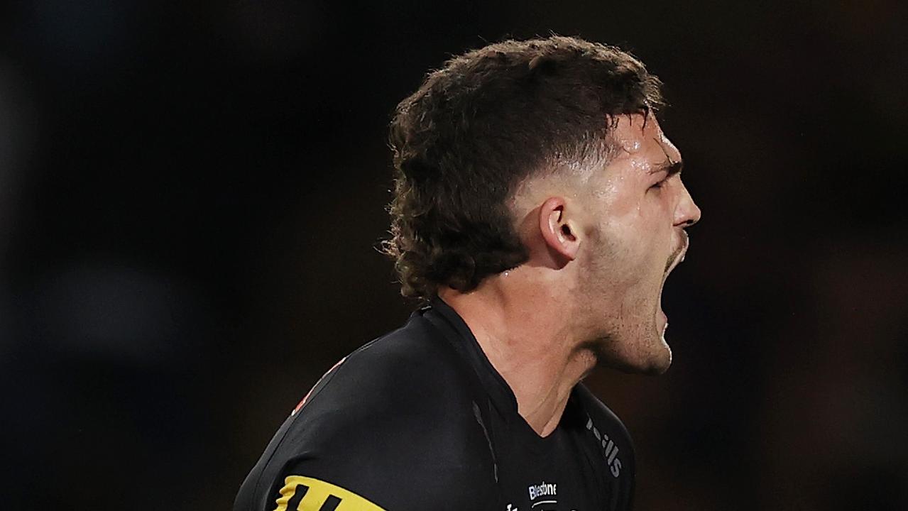SYDNEY, AUSTRALIA - OCTOBER 02: Scott Sorensen of the Panthers celebrates a try with Nathan Cleary during the 2022 NRL Grand Final match between the Penrith Panthers and the Parramatta Eels at Accor Stadium on October 02, 2022, in Sydney, Australia. (Photo by Cameron Spencer/Getty Images)