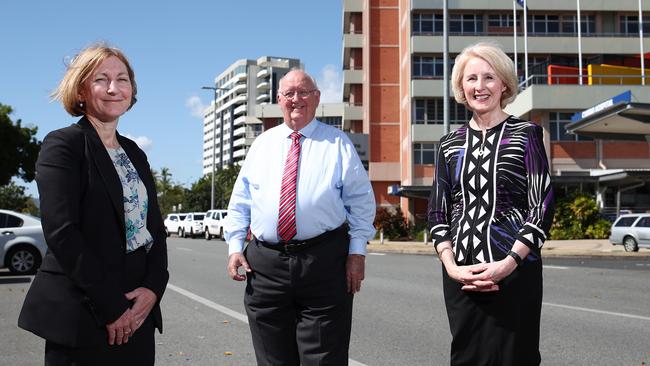 Cairns and Hinterland Hospital and Health Service Chief Executive Tina Chinery, Chairman Clive Skarott and James Cook University Vice Chancellor Sandra Harding in front of the Cairns Hospital. PICTURE: BRENDAN RADKE