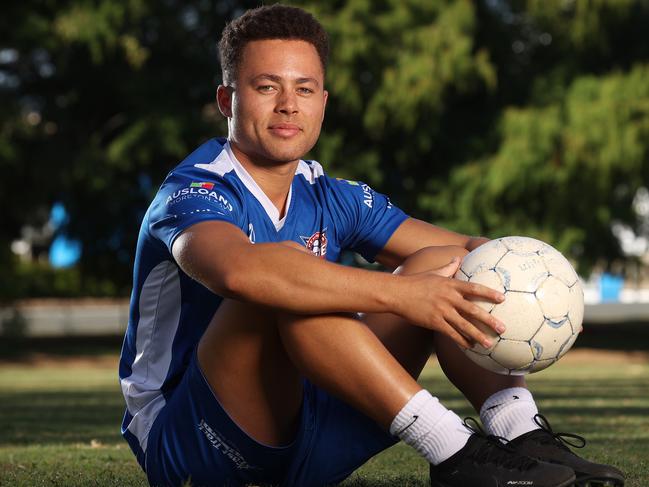 Izaack Powell, 21, has made a comeback in football after a leukemia diagnosis, AJ Kelly Park, Kippa Ring. Picture: Liam Kidston