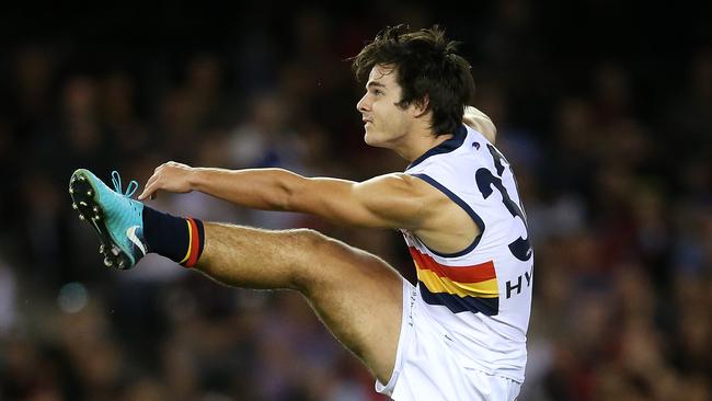 Adelaide's debutant Darcy Fogarty unleashes to score his first AFL goal on Friday night. Picture: Michael Klein