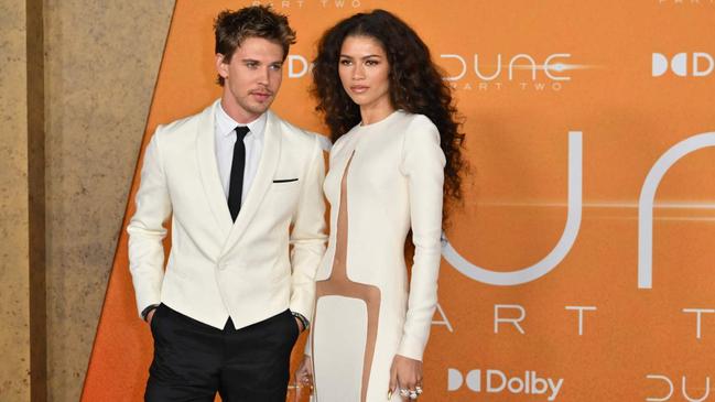 US actress Zendaya (R) and US actor Austin Butler arrive for the premiere of âDune: Part Twoâ at Josie Robertson Plaza in Lincoln Center on February 25, 2024, in New York City. (Photo by ANGELA WEISS / AFP)