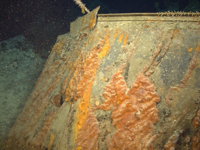 This close-up of HMAS Sydney II shows a previously unseen 15cm shell hole through the bridge at the compass platform. Picture: WA Museum and Curtin University. Copyright WA Museum.