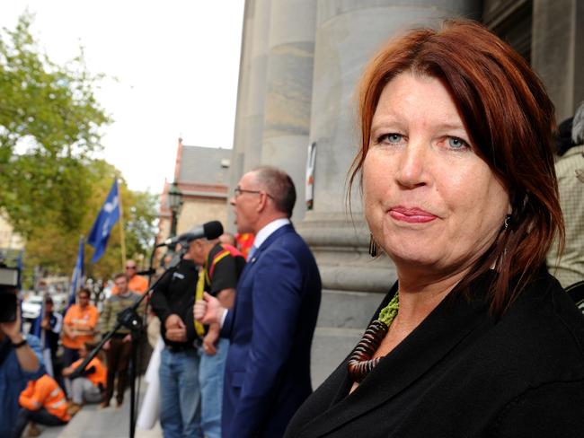 Pam Gurner-Hall, the partner of Jorge Castillo-Riffo, listens as Premier Jay Weatherill addresses the rally over death of RAH construction worker Jorge Castillo-Riffo, on steps of Parliament House. Pam Gurner- Hall partner of Jorge listens to Premier Jay speak. Picture Greg Higgs 11/4/2017