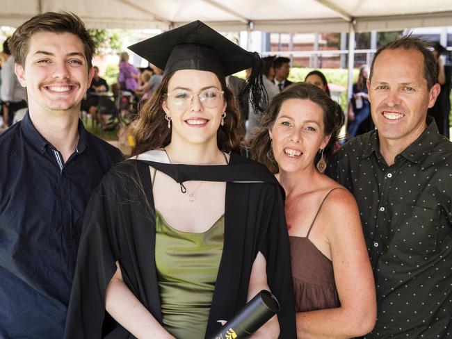 Bachelor of Creative Arts graduate Alyssa Perrin with Kobe Bruggemann, Sandi Perrin and Jason Perrin at a UniSQ graduation ceremony at Empire Theatres, Tuesday, October 31, 2023. Picture: Kevin Farmer