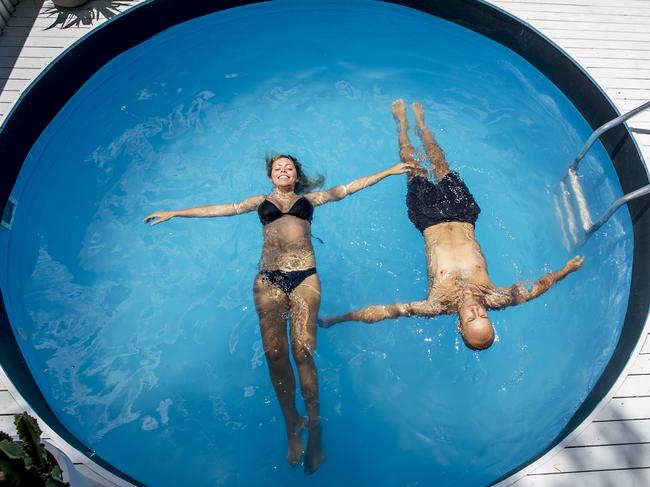 Pablo Estevez and Sofia Etchechoury relaxing at Greenhouse Bath House in Burleigh. Picture: Jerad Williams