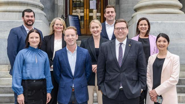 The shadow cabinet in April last year, from left, Sam Telfer, Nicola Centofanti, Penny Pratt, David Speirs, Ashton Hurn, Matthew Cowdrey, John Gardner, Heidi Girolamo and Jing Lee. Picture: NCA NewsWire / Brenton Edwards