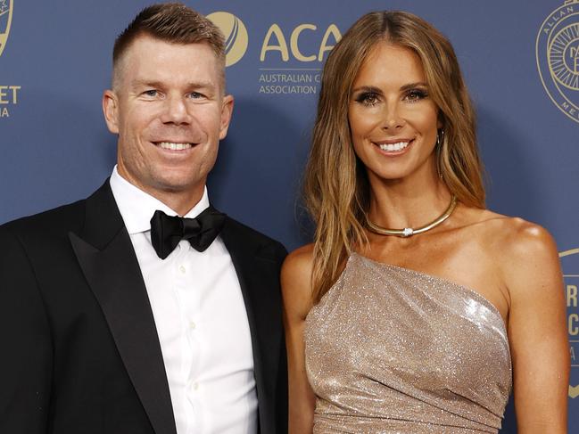 DAILY TELEGRAPH JANUARY 30, 2023. David Warner and wife Candice Warner on the blue carpet at the 2023 Australian Cricket Awards held at Royal Randwick Racecourse. Picture: Jonathan Ng