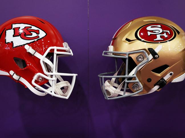 LAS VEGAS, NEVADA - FEBRUARY 06: A general view of the helmets of the Kansas City Chiefs and the San Francisco 49ers displayed in the NFL Super Bowl Experience ahead of Super Bowl LVIII on February 06, 2024 in Las Vegas, Nevada.   Jamie Squire/Getty Images/AFP (Photo by JAMIE SQUIRE / GETTY IMAGES NORTH AMERICA / Getty Images via AFP)