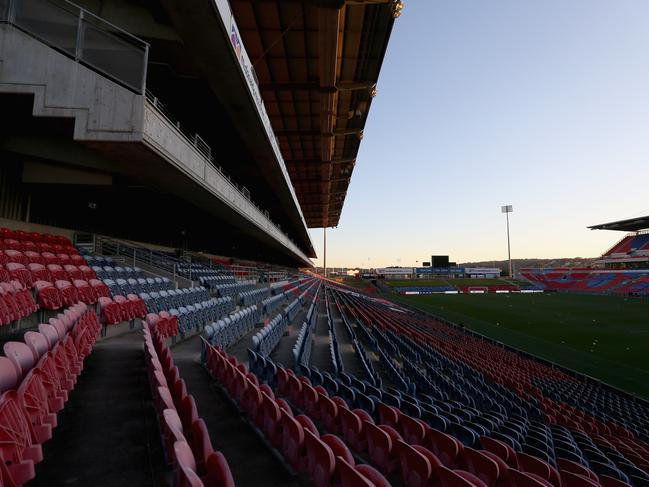 NEWCASTLE, AUSTRALIA - AUGUST 05: General Views of McDonald Jones Stadium with no crowd due to COVID-19 restrictions during the round 28 A-League match between the Wellington Phoenix and the Brisbane Roar at McDonald Jones Stadium on August 05, 2020 in Newcastle, Australia. (Photo by Ashley Feder/Getty Images)