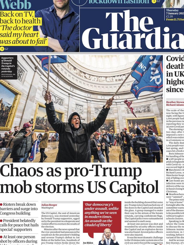 Britain’s The Guardian said the protesters were “egged on by the president in a desperate and violent attempt” to overturn the election results. Picture: Supplied