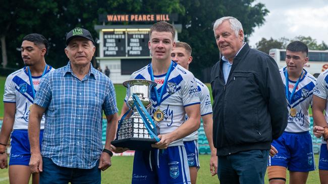 Mitchell Woods with the Harold Matthews Cup. NSWRL Junior Reps grand final day, Leichhardt Oval, Saturday 29 April 2023, Harold Matthews Cup, Canterbury Bulldogs vs Newcastle Knights. Picture: Thomas Lisson