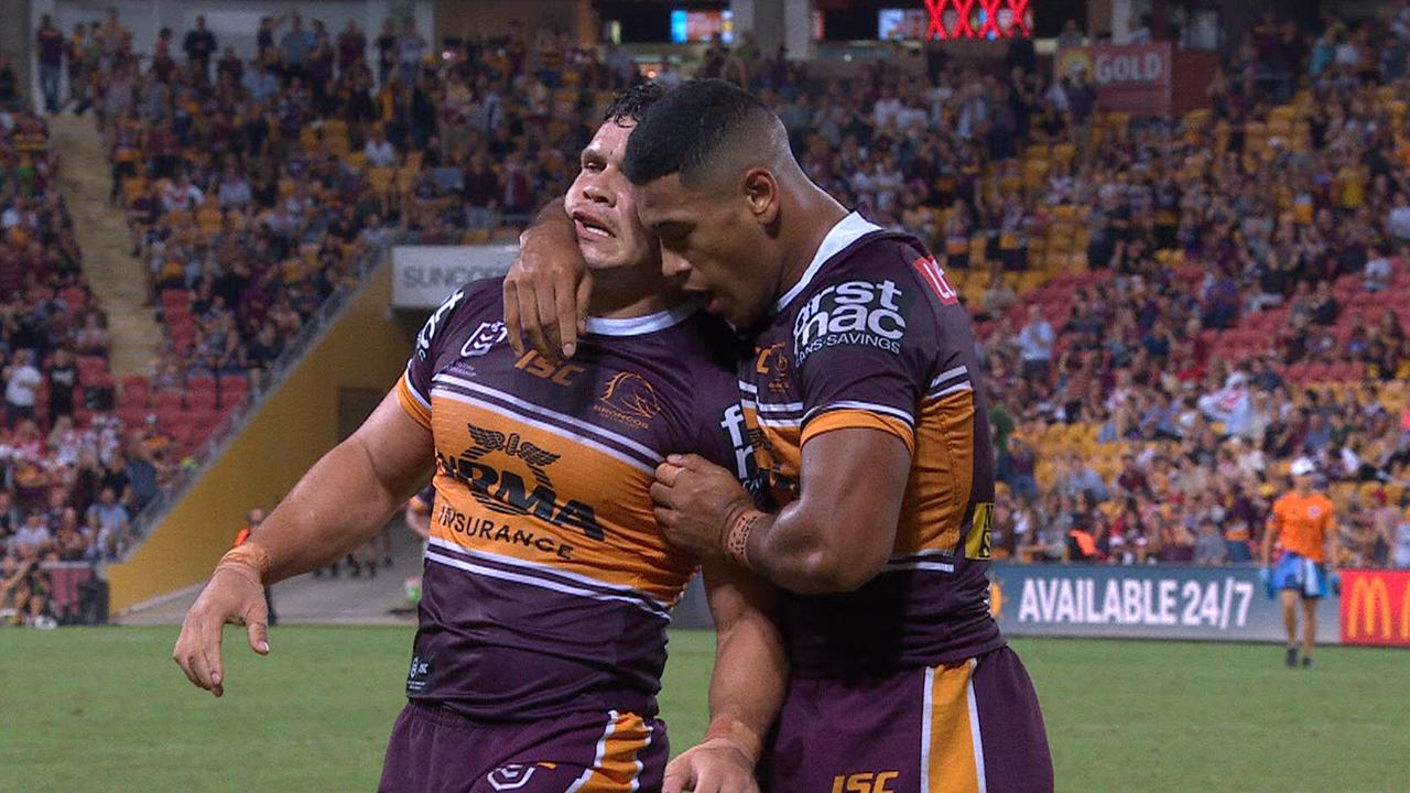 Roberts celebrates his try against the Dragons