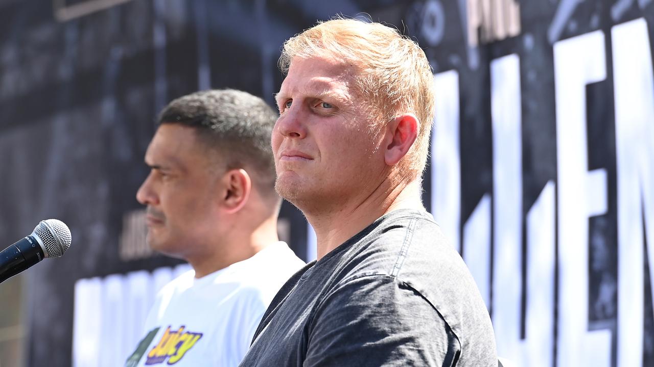 BRISBANE, AUSTRALIA – SEPTEMBER 13: Justin Hodges and Ben Hannant are seen during the Origin Rumble Official Press Conference at King George Square on September 13, 2022 in Brisbane, Australia. (Photo by Albert Perez/Getty Images)