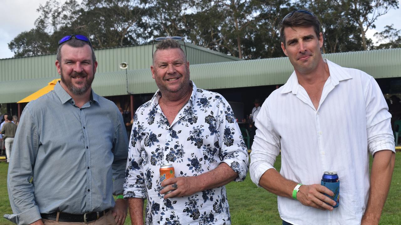 Ewan Findlater, Mark Bartley and Callum Walters at the Yeppoon Turf Club's Derby Day races at Keppel Park Racecourse on November 2, 2024.