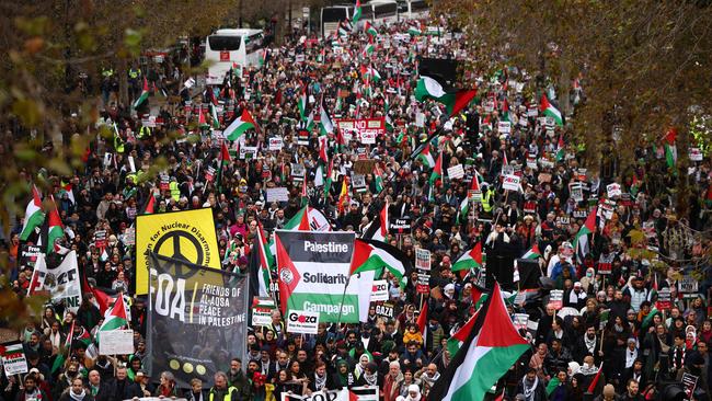 Pro-Palestinian activists and supporters wave flags and carry placards during a National March for Palestine in central London on December 9. ‘Across the globe, our political and moral leaders have switched off from engaging with the threat posed to their way of life and do little to oppose the cultural warriors assembling at its gates.’ Picture: AFP