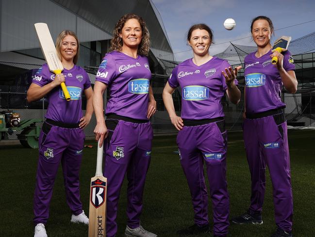 Hobart Hurricanes WBBL players, from left, Naomi Stalenberg, captain Corinne Hall, Sasha Moloney and Emma Thompson. Picture: ZAK SIMMONDS